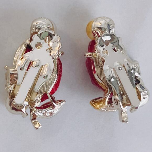 Vintage Mid Century Clip On Earrings Red Thermoset Pearl Rhinestone - Picture 10 of 10